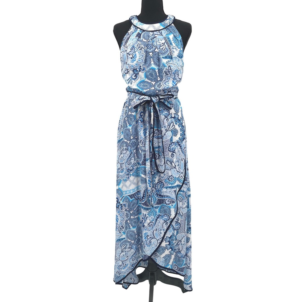 Jessica Howard Maxi Dress Womens 6 Blue Paisley Chiffon Halter Wedding Guest